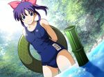  arms_behind_back backlighting bamboo bangs blue_eyes blue_swimsuit breasts breasts_apart bubble character_name closed_mouth clothes_writing collarbone day dutch_angle forest game_cg green_green hair_ribbon hexagon high_ponytail hips holding holding_innertube innertube kanenone_dynatic katakura_shinji kusunoki_kaori lens_flare light_smile looking_at_viewer medium_breasts medium_hair name_tag nature old_school_swimsuit one-piece_swimsuit outdoors parted_bangs pink_ribbon ponytail purple_hair ribbon rock school_swimsuit sidelocks smile sparkle standing sunlight swimsuit thighs tree wading water 