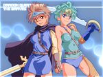  blue_eyes breasts brown_eyes brown_hair cape circlet copyright_name damedungeon dc dragon_quest dragon_quest_iii dragon_quest_iv gloves green_hair heroine_(dq4) holding_hands medium_breasts midriff multiple_girls roto sword weapon 