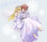  1girl bad_id bad_pixiv_id blonde_hair blue_eyes bridal_veil bride carrying dress elbow_gloves formal gloves long_hair mayo. princess_carry suit tenjouin_asuka veil wedding wedding_dress yuu-gi-ou yuu-gi-ou_gx yuuki_juudai 