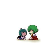  antennae ascot blush chibi closed_eyes green_hair kazami_yuuka multiple_girls o_o plaid plaid_skirt plaid_vest simple_background skirt skirt_set sleeping socha touhou vest white_background wriggle_nightbug 