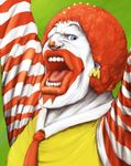  afro arms_up arrancar bleach cosplay espada hisakichi lips male_focus mcdonald's necktie open_mouth ronald_mcdonald solo striped zommari_rureaux 