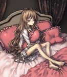  aisaka_taiga bad_feet bad_id bad_pixiv_id barefoot bed brown_eyes brown_hair feet frilled_pillow frills gyamur long_hair pillow pillow_hug sick sitting solo toradora! 