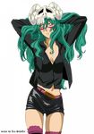  arms_up arrancar bleach breasts casual cleavage duplicate facial_mark green_hair grey_eyes large_breasts long_hair midriff nelliel_tu_odelschwanck skull solo thighhighs transparent_background vector_trace 