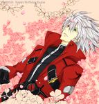  bad_id bad_pixiv_id blazblue cherry_blossoms flower fumihiko_(tsuratsuratsubaki) green_eyes heterochromia male_focus petals ragna_the_bloodedge red_eyes silver_hair solo 