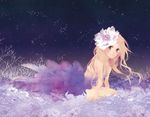  bad_id bad_pixiv_id blonde_hair dress feathers flower hair_flower hair_ornament long_hair nagi_kanami night night_sky original purple_eyes sitting sky solo star_(sky) starry_sky tree 