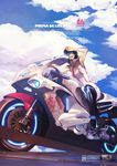  blue_hair cloud copyright_request day ground_vehicle high_heels highres hokoodo motor_vehicle motorcycle pantyhose riding road shoes short_hair sky solo 