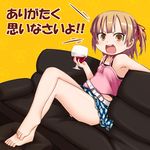  armpits barefoot belt brown_eyes brown_hair camisole child couch crossed_legs cup cupping_glass drinking_glass feet glass hair_ribbon kurabayashi_aya marui_mitsuba mitsudomoe plaid plaid_skirt ribbon short_hair sitting skirt solo thighs translated two_side_up wine_glass 