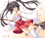  adapted_uniform black_hair breasts broom cleavage detached_sleeves hair_ribbon japanese_clothes kimono kimono_skirt legs long_hair looking_at_viewer medium_breasts miko no_bra okobo one_eye_closed original panties pantyshot red_eyes ribbon ribbon-trimmed_clothes ribbon-trimmed_legwear ribbon-trimmed_sleeves ribbon_trim sideboob smile solo tabi thighhighs twintails underwear upskirt wide_sleeves yukiwo 