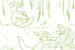  anthro bathing beau_(the_weaver) brother brother_and_sister caimon clothing crocodilian detailed_background female forest green_and_white group jumping male monochrome monstro_village partially_submerged plant poli pond reptile scalie sibling sister swamp swimwear the_weaver tongue tree trio water 