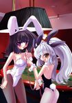  absurdres animal_ears ass black_hair blush bunny_ears bunnysuit collar highres leash long_hair multiple_girls original pantyhose purple_eyes short_hair tears torisan white_hair white_legwear yellow_eyes 