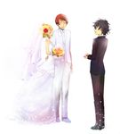  2boys blush bouquet bride dress flower formal good_end gundam gundam_00 hair_flower hair_ornament louise_halevy mochizuki_mina multiple_boys saji_crossroad setsuna_f_seiei short_hair smile suit wedding wedding_dress 