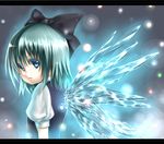  bad_id bad_pixiv_id blue blue_eyes blue_hair bow cirno glowing hair_bow ice ice_wings letterboxed looking_back open_mouth puffy_sleeves short_hair short_sleeves solo takemori_shintarou touhou upper_body wings 