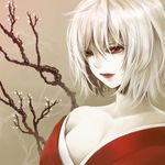  albino bare_shoulders branch breasts cleavage colored_eyelashes eyelashes face lips lipstick makeup medium_breasts original pale_skin red_eyes red_lipstick short_hair solo tree ueda_takashi white_hair 