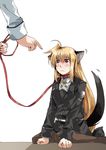  animal_ears blonde_hair blush clipe dog_ears dog_tail fate_testarossa leash long_hair low-tied_long_hair lyrical_nanoha mahou_shoujo_lyrical_nanoha_strikers military military_uniform pantyhose red_eyes tail takamachi_nanoha tsab_executive_military_uniform uniform very_long_hair 