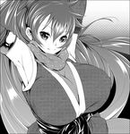  armpits breasts cleavage copyright_request elbow_gloves fishnets gloves greyscale huge_breasts ichimatsu_akebi japanese_clothes long_hair monochrome ninja scarf solo 