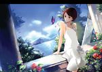  brown_hair bug butterfly cityscape cloud copyright_request day dress flower insect leaf plant short_hair sitting sky solo tiru water white_dress yellow_eyes 