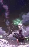  animal_ears antennae bad_id bad_pixiv_id black_legwear blush cat_ears cloud ddal flower green_eyes hirschgeweih_antennas music musical_note neon_lights night pantyhose sanya_v_litvyak short_hair silver_hair singing sitting sky solo star_(sky) starry_sky strike_witches world_witches_series 