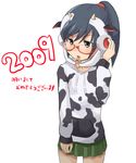  animal_ears animal_print bad_id bad_pixiv_id black_eyes black_hair cow_girl cow_print glasses headset horns original ponytail solo tarayama 