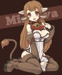  7010 animal_ears bell blush boots breasts brown_eyes brown_hair cow_ears cow_girl horns large_breasts original solo 