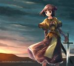  armor bad_id bad_pixiv_id black_hair cloud gloves hair_ribbon ragnarok_online ribbon short_hair sky solo sword swordsman_(ragnarok_online) weapon yakka 