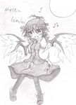 animal_ears bad_id bad_pixiv_id beamed_eighth_notes eighth_note fang greyscale hat monochrome moon musical_note mystia_lorelei onsen_tamago_(onnsenn) open_mouth short_hair sketch solo touhou wings 