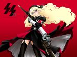  big_hair black_legwear blonde_hair blue_eyes die_starke_ss dress dual_wielding garter_belt glasses gloves gun gunblade handgun head_tilt holding iron_cross legs_apart long_hair looking_at_viewer nazi otakubeam red_background sigrunen simple_background smile solo ss_insignia standing swastika thighhighs weapon wing_collar 