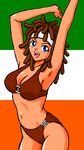  :d armpits arms_up artist_request bikini blue_eyes breasts brown_hair cleavage fangs flag genderswap genderswap_(mtf) hairlocs headband kinnikuman kinnikuman_nisei large_breasts long_hair lowres navel oekaki open_mouth seiuchin smile solo standing swimsuit 