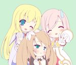  :t blonde_hair brown_hair collet_brunel crossover estellise_sidos_heurassein gloves green_eyes haru_(arser_doil) long_hair marta_lualdi multiple_girls one_eye_closed pink_hair short_hair smile tales_of_(series) tales_of_symphonia tales_of_symphonia_knight_of_ratatosk tales_of_vesperia 