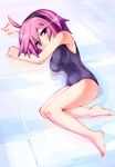  bad_id bad_pixiv_id barefoot feet hairband lying one-piece_swimsuit ooyama_kina original pink_hair purple_eyes purple_school_swimsuit school_swimsuit short_hair solo swimsuit 