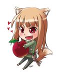  anco_(platanity) animal_ears apple brown_hair chibi fang food fruit heart holo long_hair red_eyes solo spice_and_wolf tail wolf_ears 