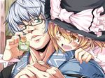  1girl angry blonde_hair blush close-up eyedrops fang glasses green_eyes hands_clasped hat hidori_(hibi_toridori) kirisame_marisa looking_back morichika_rinnosuke own_hands_together ribbon silver_hair sweat tears touhou wince witch_hat yellow_eyes 