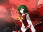  ascot bad_id bad_pixiv_id green_hair kazami_yuuka km red_background red_eyes short_hair skirt skirt_set solo touhou vest zoom_layer 