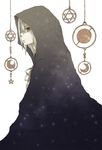  androgynous brown_eyes cloak commentary_request crescent expressionless frown hexagram hood hood_up hooded_cloak looking_at_viewer male_focus oogami original pentagram profile simple_background solo star star_(sky) starry_sky_print string upper_body white_background white_hair 