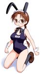  bow bowtie braid brown_eyes brown_hair bunny_girl glasses hoshina_tomoko kneeling long_hair non-web_source one-piece_swimsuit school_swimsuit solo swimsuit to_heart wrist_cuffs 