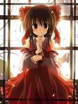  blush bow brown_eyes brown_hair detached_sleeves hair_bow hakurei_reimu mashayuki ribbon solo touhou 