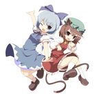  animal_ears blue_dress blue_eyes blue_hair bow brown_hair cat_ears cat_tail chen cirno dress hair_bow hat highres miko_machi multiple_girls multiple_tails one_eye_closed outstretched_arms paw_pose purple_eyes short_hair simple_background spread_arms tail touhou 