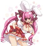  animal_ears bou_(artist) bow breasts bunny_ears cleavage covered_nipples di_gi_charat dice_hair_ornament dress frills hair_bow hair_ornament large_breasts long_hair panties pantyshot pink_eyes pink_hair smile solo twintails underwear usada_hikaru 