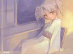  artist_request chair daiakuji head_tilt japanese_clothes orange_eyes robe short_twintails silver_hair sitting solo takega_satsu twintails wallpaper window 