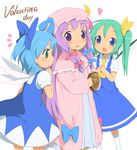 blush bow chocolate chocolate_heart cirno daiyousei engrish hat heart kareha_aki mob_cap multiple_girls patchouli_knowledge pink_bow ranguage simple_background touhou valentine white_background wings younger 