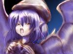  animal_ears brown_eyes fang fingernails hat highres long_fingernails mystia_lorelei open_mouth purple_hair rindon_(pixiv338875) solo touhou wings 