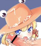  blonde_hair blue_eyes cum cum_on_clothes eyes fellatio handjob hat large_penis moriya_suwako oral penis tongue touhou yuuki_(yuyuki000) 