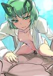  1boy 1girl aqua_eyes bottomless breasts cowgirl_position girl_on_top green_hair leaning_forward looking_at_viewer nipples sex short_hair sinzan small_breasts solo_focus straddling touhou vaginal wriggle_nightbug 