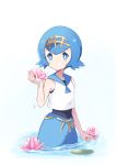  black_undershirt blue_eyes blue_hair blue_pants blush expressionless flower highres holding holding_flower lily_pad medium_hair mei_(maysroom) pants partially_submerged pokemon pokemon_(game) pokemon_sm reflective_eyes sailor_collar sailor_shirt shirt suiren_(pokemon) tagme tiara trial_captain water_lily_flower 