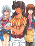  3girls belt black_eyes black_hair black_legwear brown_eyes brown_hair cake cat closed_eyes dark_skin food fruit grey_hair highres honoo_jun lisa_(mazinger_z:_infinity) long_hair mazinger_z:_infinity miniskirt multiple_girls sakura_usagi_(yuina) short_shorts shorts skirt smile strawberry yumi_sayaka 