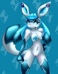  2013 anthro anthrofied areola blue_eyes blue_fur breasts ear_piercing eeveelution elpatrixf female fur glaceon looking_at_viewer navel nintendo nipples open_mouth piercing pok&#233;mon pok&#233;morph porkyman pussy simple_background solo surprise tongue video_games white_fur 
