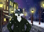  2018 anthro black_nose building canine clothing coldy_the_wolf different_eyes fur hair headphones iroquois lanterns looking_at_viewer male mammal mspring night outside russia russian smile snow tree walking winter wolf 