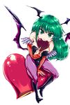  bad_id bad_pixiv_id bat_wings boots breasts demon_girl elbow_gloves enigmatic fangs from_above gloves green_hair head_wings heart highres large_breasts long_hair morrigan_aensland pantyhose purple_wings sitting solo succubus vampire_(game) wings 