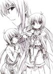  ahoge belt cape fingerless_gloves glasses gloves greyscale hand_on_own_chest kusakami_akira long_hair looking_at_viewer lyrical_nanoha mahou_shoujo_lyrical_nanoha monochrome multiple_persona neck_ribbon ponytail profile ribbon shirt shorts smile yuuno_scrya 