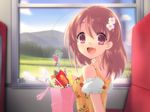  :d bare_shoulders brown_hair candy choker field flyable_heart food game_cg ground_vehicle hair_ornament hairclip highres inaba_yui indoors itou_noiji lollipop looking_back nature open_mouth red_eyes scenery short_hair smile solo sweets train train_interior wallpaper window 
