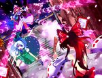  bug butterfly danmaku dual_wielding dutch_angle fan goshoguruma hairband hakurei_reimu hat hexagon highres hitodama holding insect japanese_clothes katana kimono konpaku_youmu konpaku_youmu_(ghost) multiple_girls nickq ribbon saigyouji_yuyuko saigyouji_yuyuko's_fan_design shippou_(pattern) skirt sword touhou weapon 